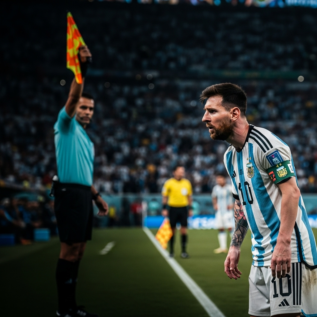 world cup onside/offside: 2 big stories for USMNT & Messi 3 Lionel Messi looking towards a linesman during a world cup onside/offside check.