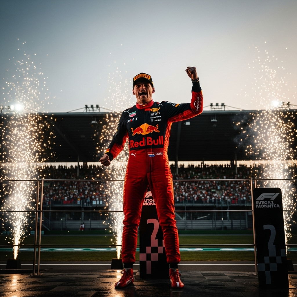 First Win in 4 Races: Max Verstappen Claims Italian GP 2 Max Verstappen celebrates his first win at the Italian Grand Prix, pumping his fist in the air.