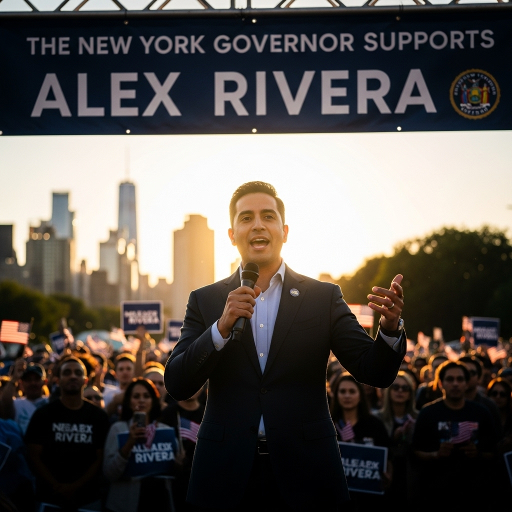 new york governor Backs 1 'Communist' Mayoral Hopeful 3 Mayoral candidate Alex Rivera at a rally, with the new york governor's support banner visible behind them.
