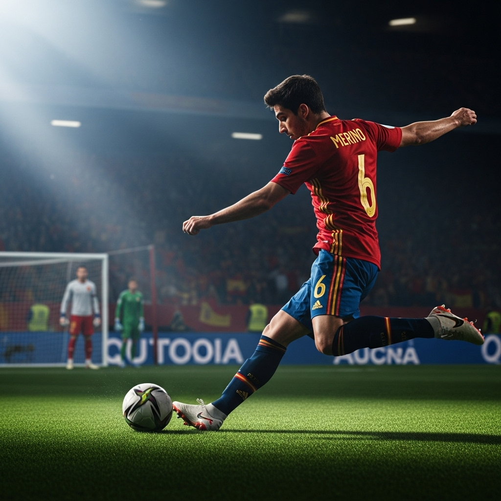 6-0 Victory: Spain Demolish Turkiye as Merino Scores 3 3 Mikel Merino striking the ball for his second goal in Spain's 6-0 victory.