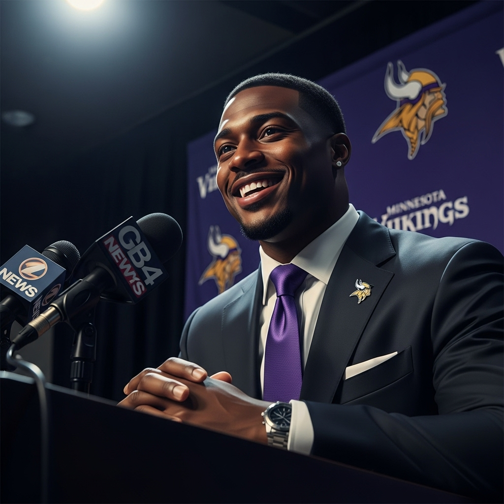Justin Jefferson Ice Joke & 1 Sizzling Allie Rae Shoot 2 Minnesota Vikings star receiver Justin Jefferson smiling at a press conference, the scene of the viral justin jefferson ice joke.