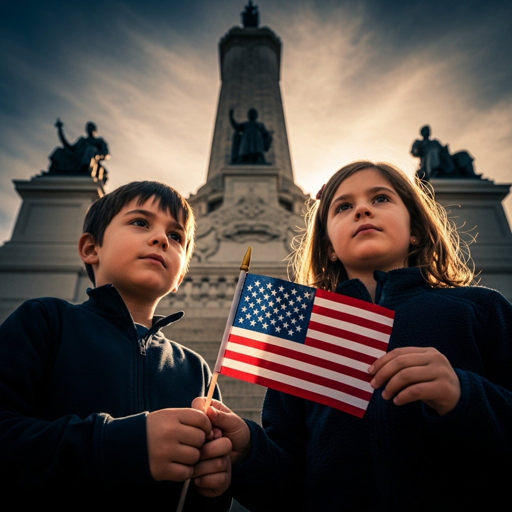 My children: 3 ways Charlie Kirk inspired our family. 3 My children carefully holding a small American flag while looking at a historical monument.