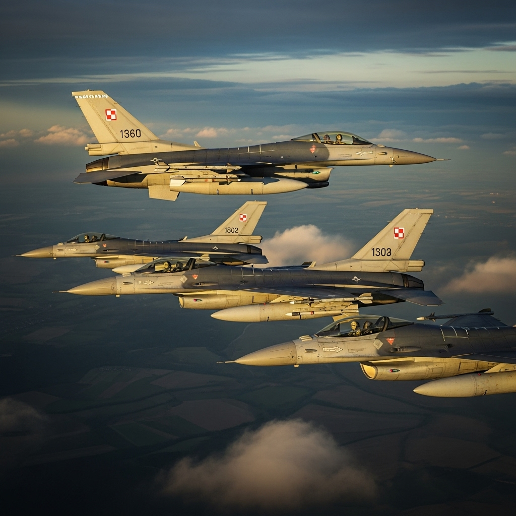 Polish Border: NATO Scrambles 4 Jets Amid Russia Strikes 3 NATO F-16 fighter jets flying in formation on patrol near the polish border.