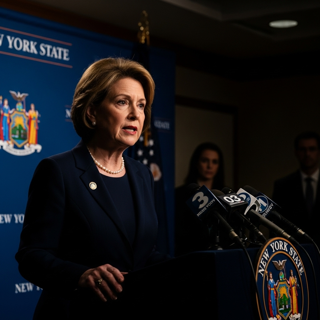 New York Governor Hochul: 1 Big Endorsement for Mamdani 2 New York Governor Hochul speaking at a press conference about state policy.