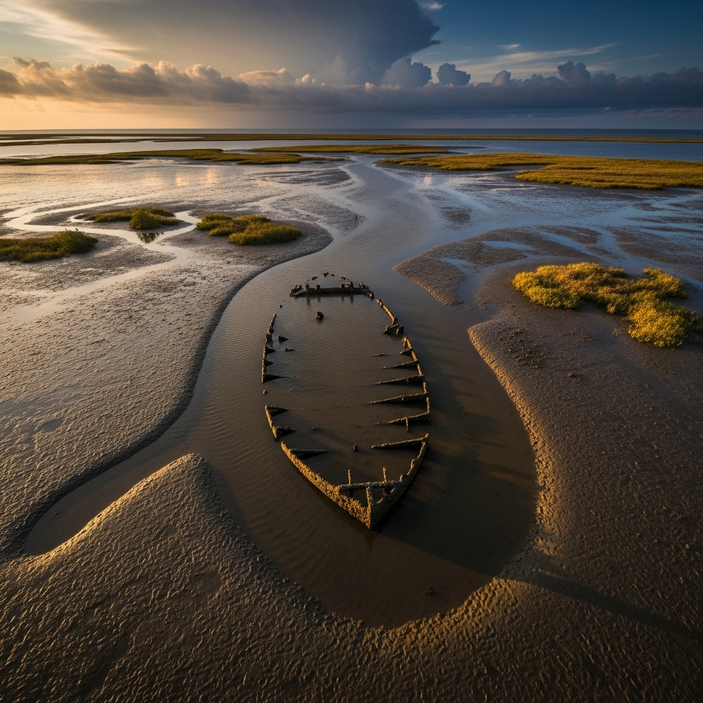 Mystery Ship: 1 Florida Man's Amazing Mud Flat Find 2 Overhead drone shot of the mystery ship's outline in the Florida mud flats.