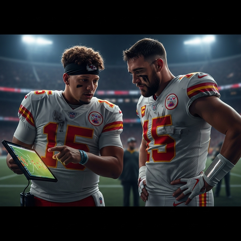 Chiefs loss: 1 Collision That Kelce Takes Full Blame For 4 Patrick Mahomes and Travis Kelce discussing the play, highlighting the leadership needed to overcome the Chiefs loss.