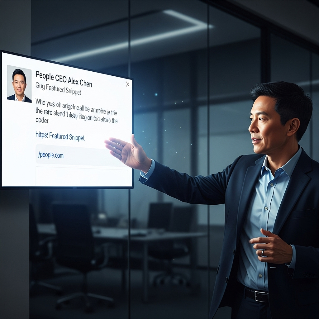 People CEO: Google's 3 'Bad Actor' Tactics Steal Content 2 People CEO Alex Chen gesturing towards a screen showing a Google Featured Snippet.