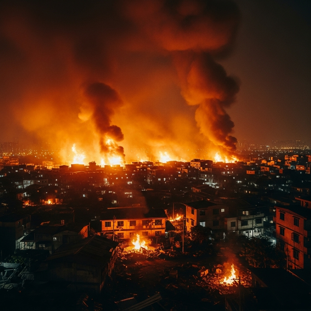 Huge fire rips through 100+ residential homes in Manila 2 Photo of the night sky glowing orange as a huge fire rips through a residential neighborhood in Manila.