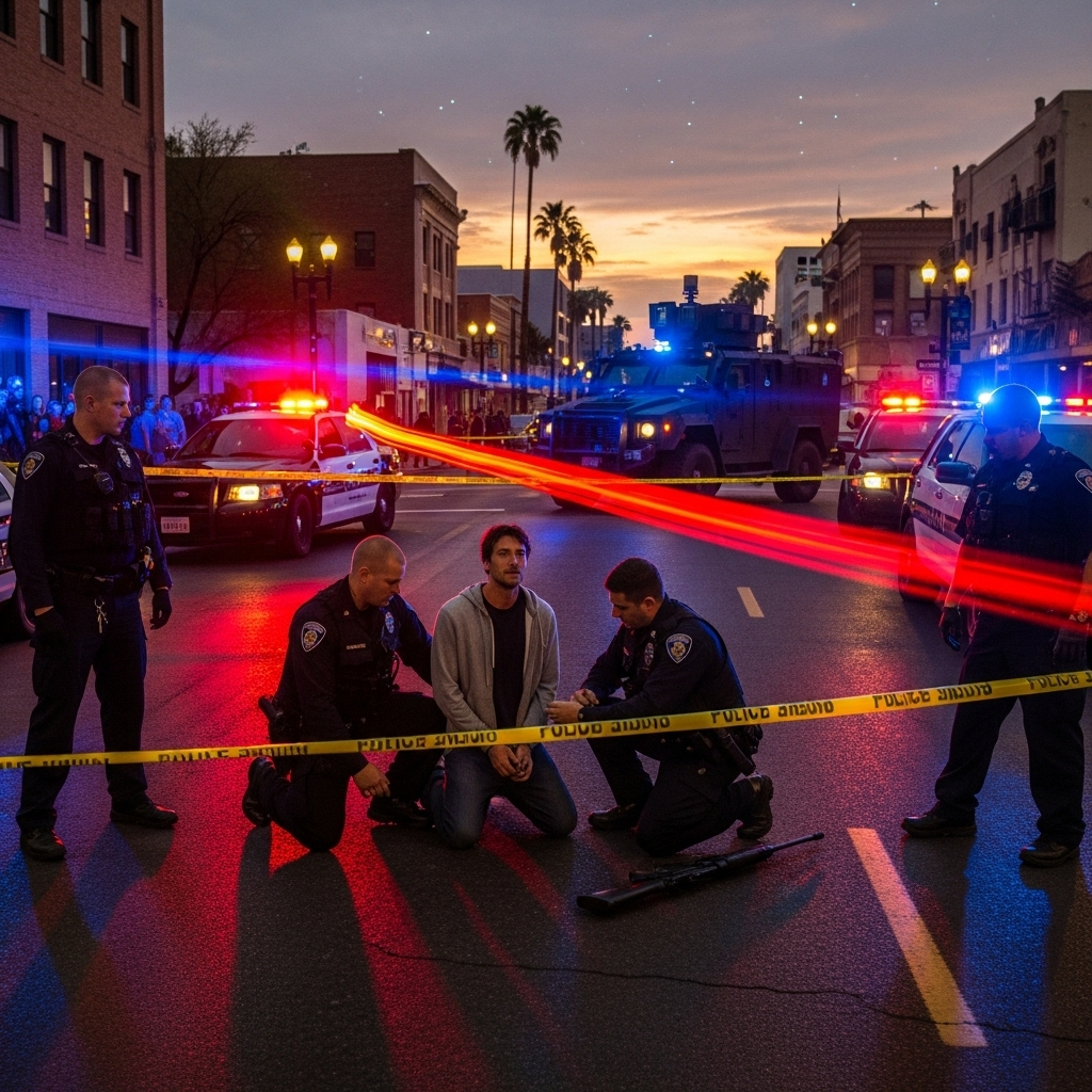 Long Gun: 1 Suspect in Tactical Gear Near Kirk Event 2 Police cordoning off a street in Phoenix where the suspect with the long gun was apprehended.