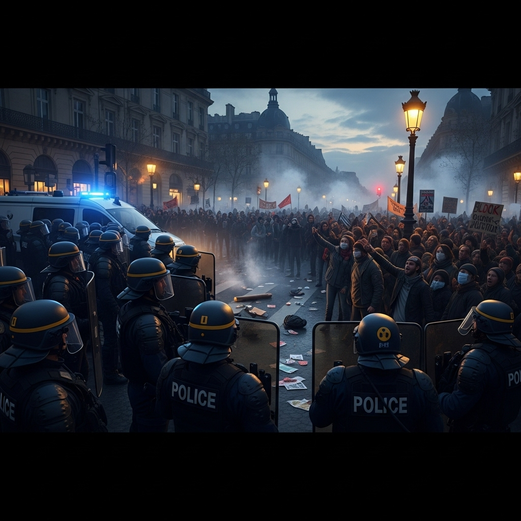 'Block everything' protests: Hundreds arrested in France 3 Police in riot gear facing off against a crowd at the 'block everything' protests in Paris.