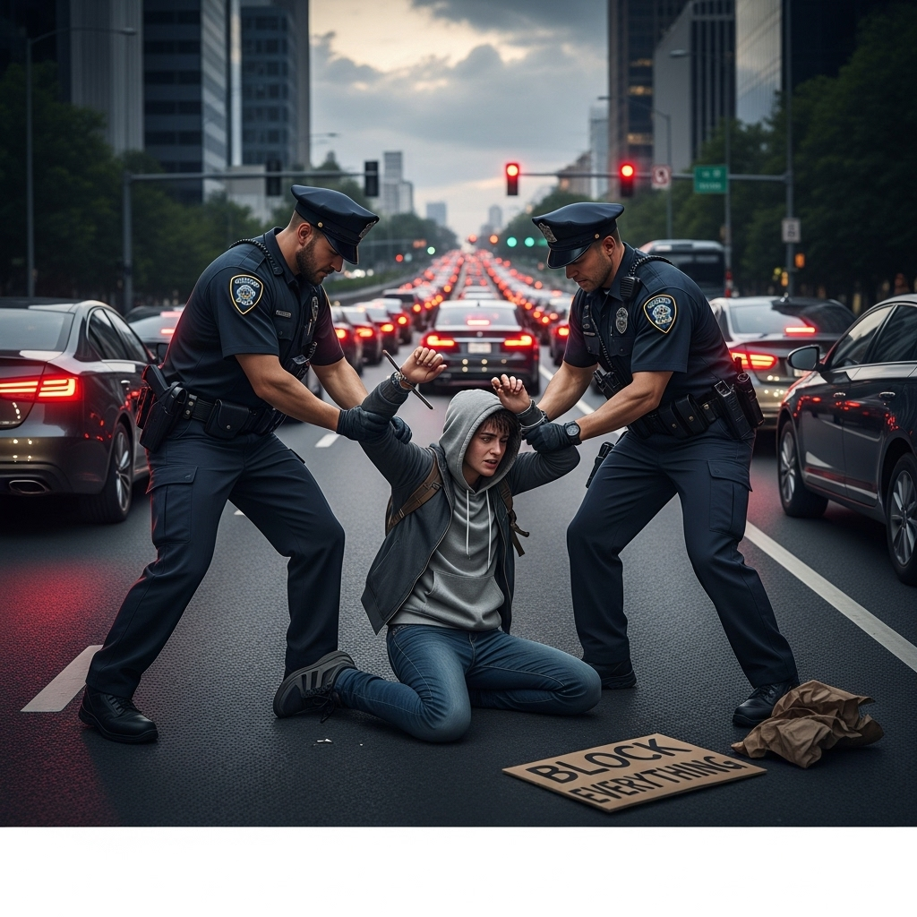 'block everything' protests: 100s arrested nationwide 4 Police officers detaining a demonstrator at one of the 'block everything' protests, with traffic backed up in the background.