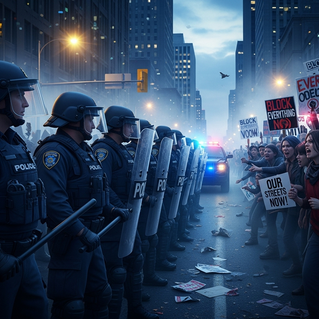 'block everything' protests: Over 300 arrested nationwide. 3 Police officers forming a line to confront demonstrators at the 'block everything' protests in a downtown urban setting.