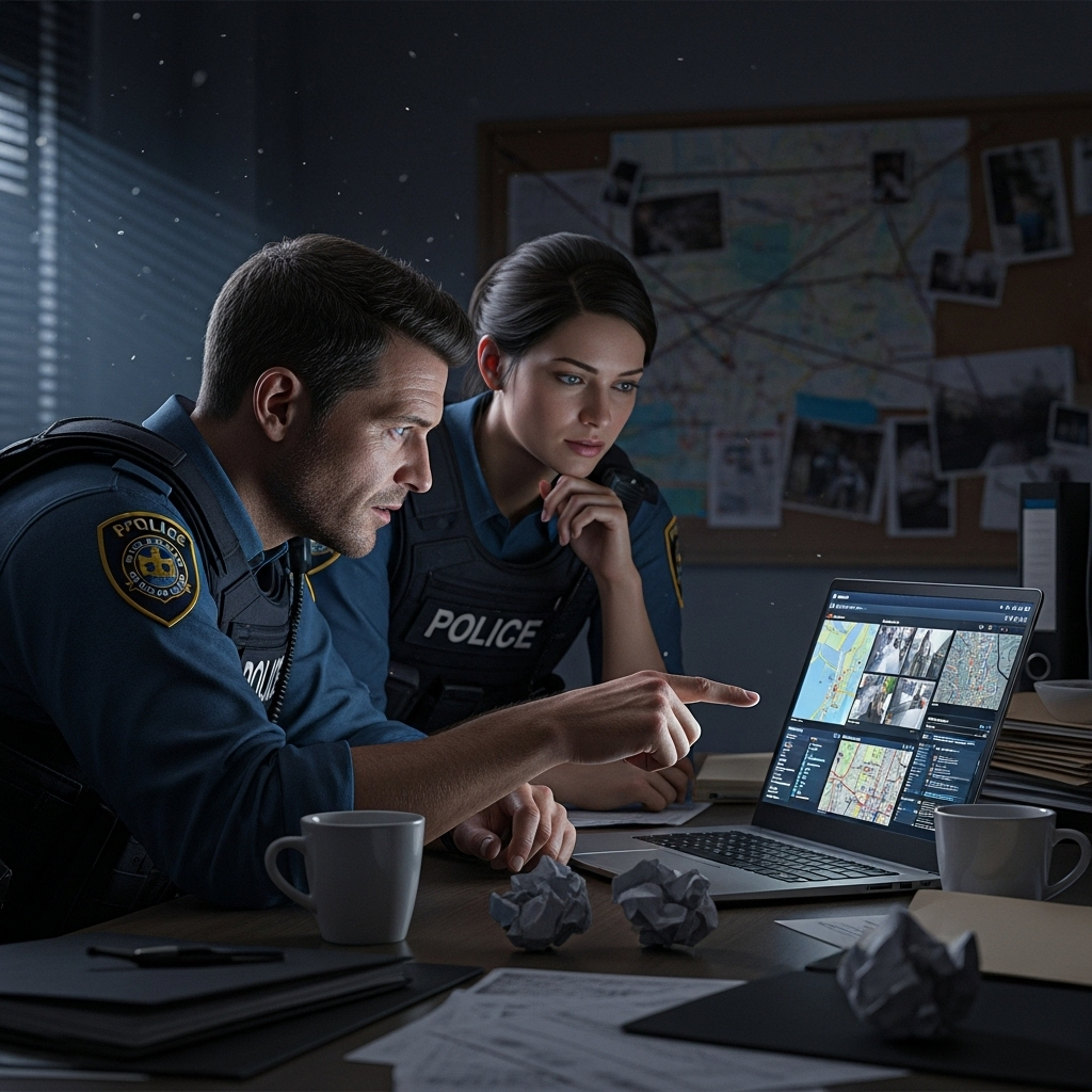 Police Hunt Suspect: 1 New Update on Kirk Shooting 4 Police officers reviewing evidence on a laptop during the police hunt suspect operation.