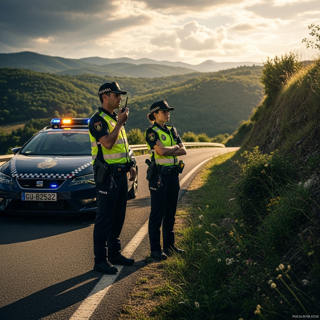 more protests at the 2023 Vuelta: Organizers Have No Plan B 2 Police officers standing guard on a rural road during the 2023 Vuelta a España.