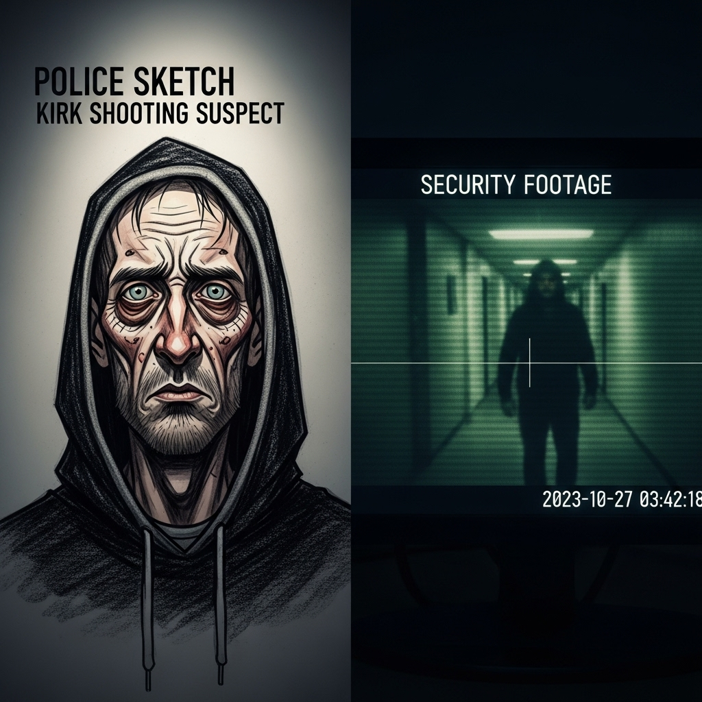 kirk shooting: 4 Key Updates on the Manhunt for Suspect 2 Police sketch and security footage of the suspect in the kirk shooting.