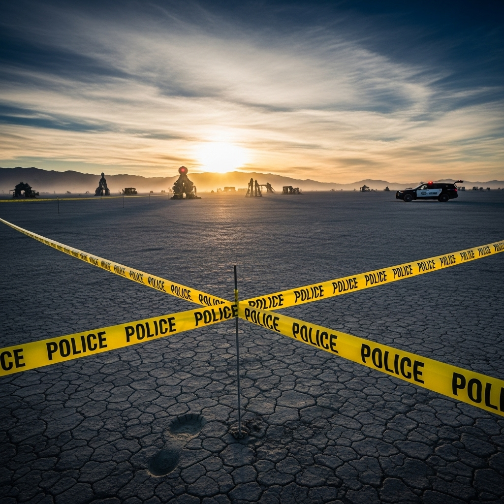 Police hunt for 1 killer at Burning Man amid strange events 2 Police tape cordoning off a section of the desert playa, marking the beginning of the police hunt at Burning Man.