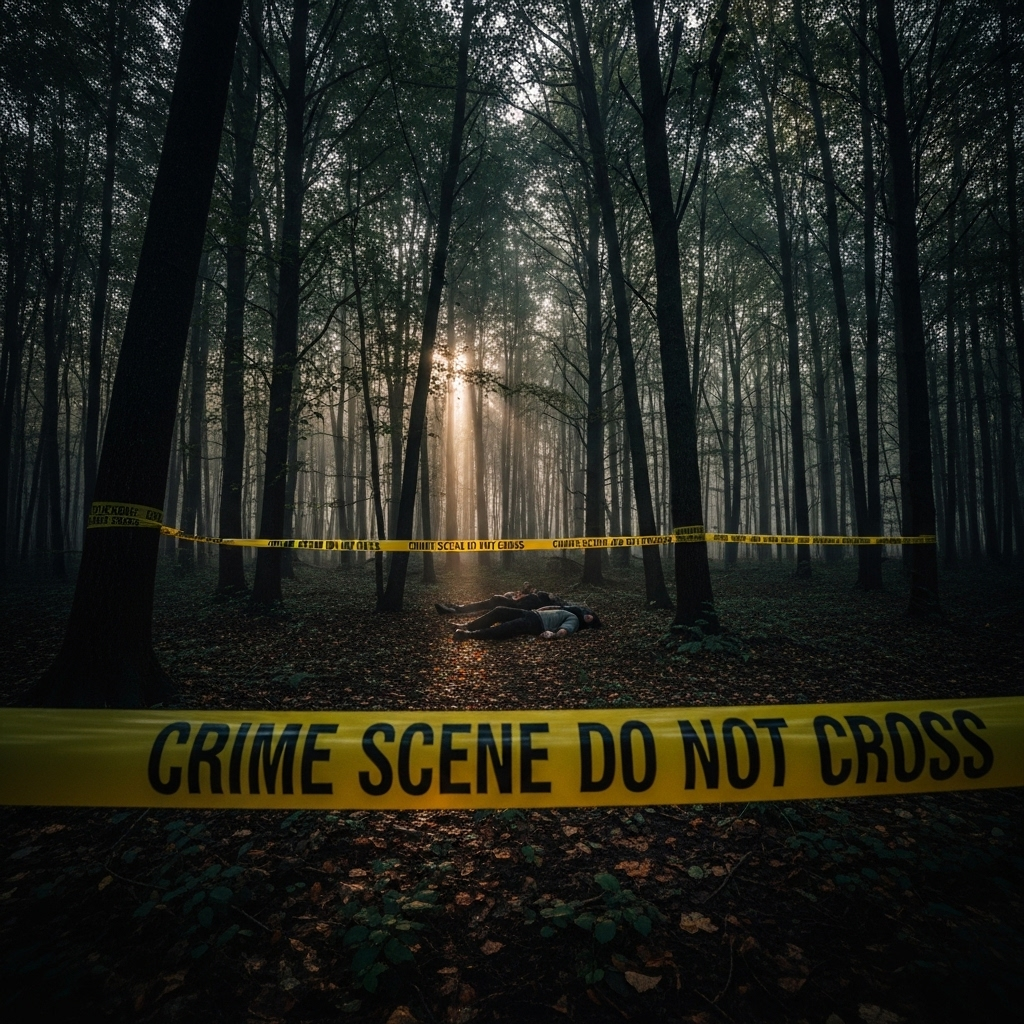 Mystery Suspect Sought After 2 Found Bound and Burned 2 Police tape cordoning off the wooded area where a mystery suspect left two victims.