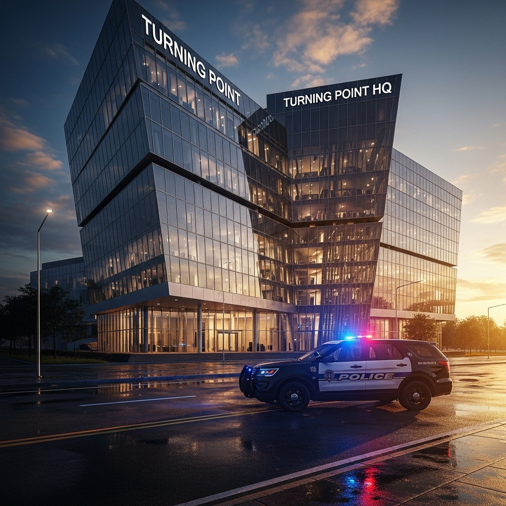 turning point hq: 1 Man Arrested at Charlie Kirk Memorial 2 Police vehicle parked outside the modern turning point hq building.