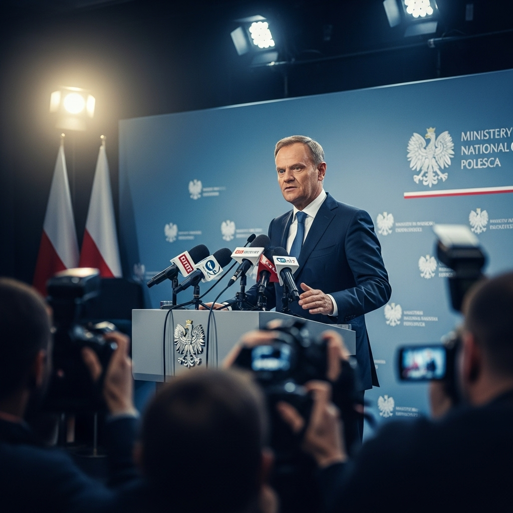 Polish PM Tusk Vows 2 Key Military Upgrades After Drone 3 Polish PM Tusk speaking at a press conference about the new military investments.