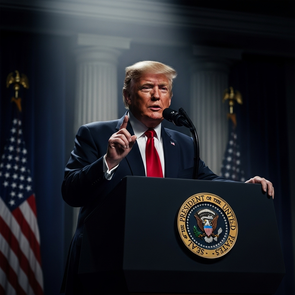 trump issues exemptions to 2 partners amid court battle 3 President Trump at a podium, symbolizing the executive decision where trump issues exemptions amid a court battle.
