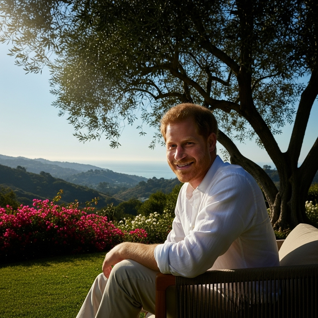 his 'conscience' clear: 5 reasons Harry stands by his truth 4 Prince Harry in a relaxed California setting, smiling, a visual representation of his 'conscience' being at peace.