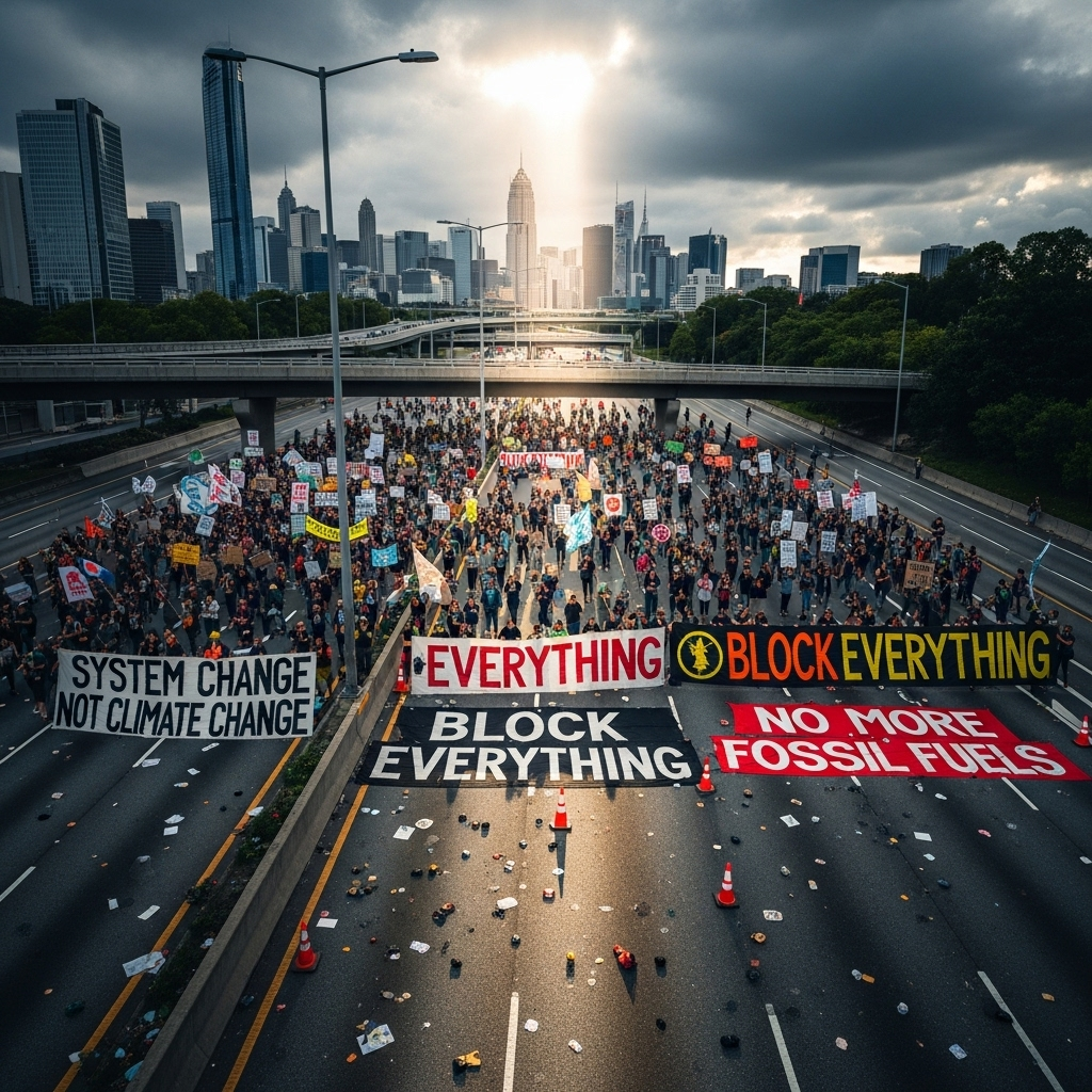 'block everything' protests: 100s arrested nationwide 2 Protesters from the 'block everything' protests blocking a major multi-lane highway with banners.