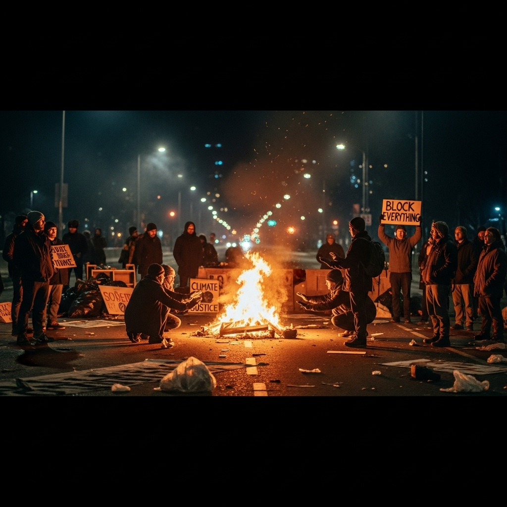 'block everything' protests: Hundreds arrested in France 3 Protesters from the 'block everything' protests gathered around a bonfire on a blocked road at night.