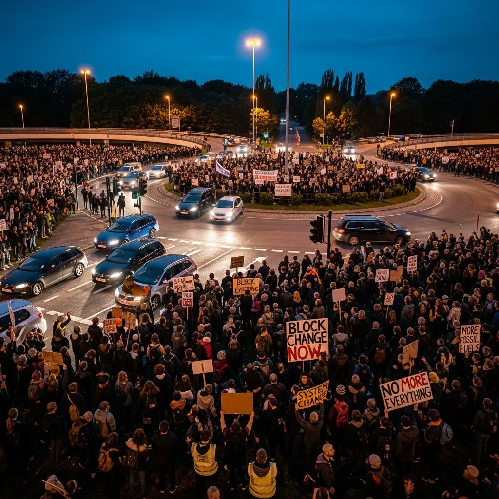 'Block everything' protests: Over 300 Arrested in France 4 Protesters with banners gather at a roundabout, a key tactic used in the 'block everything' protests to control traffic flow.