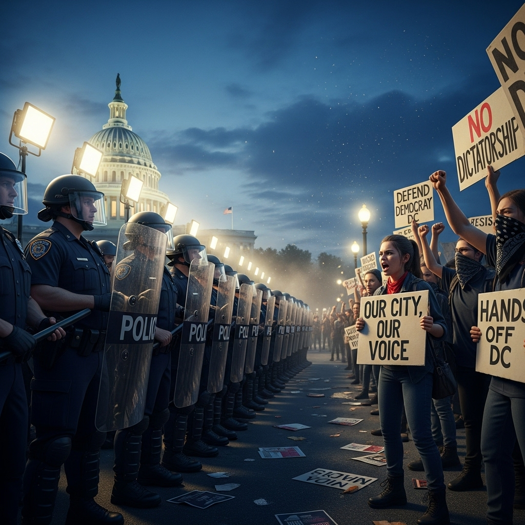 Trump's direct control of DC police: 1 key power expires 3 Protestors and police in a standoff, a scene demonstrating the controversial nature of trump's direct control over D.C. security forces.