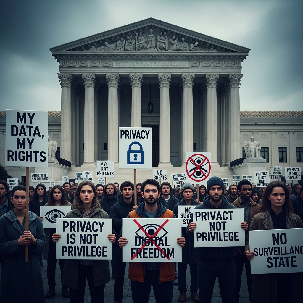 US Supreme Court: 5-4 Ruling on Controversial Raids 4 Protestors holding signs about privacy rights in front of the US Supreme Court.