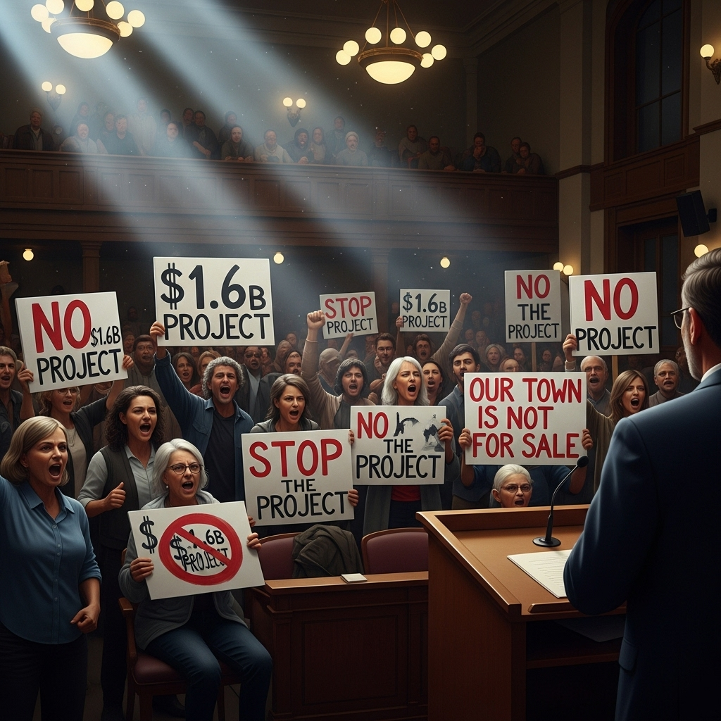 $1.6b project in Wisconsin faces backlash from 100s 3 Protestors holding signs against the $1.6b project at a town hall meeting.