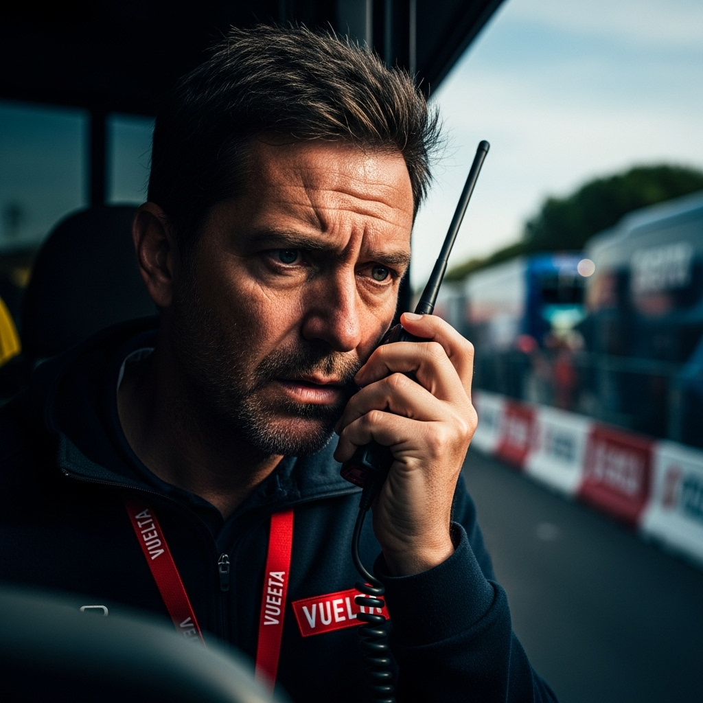 more protests at the 2023 Vuelta: Organizers Have No Plan B 4 Race director Javier Guillén looking stressed while talking on a radio during the Vuelta.
