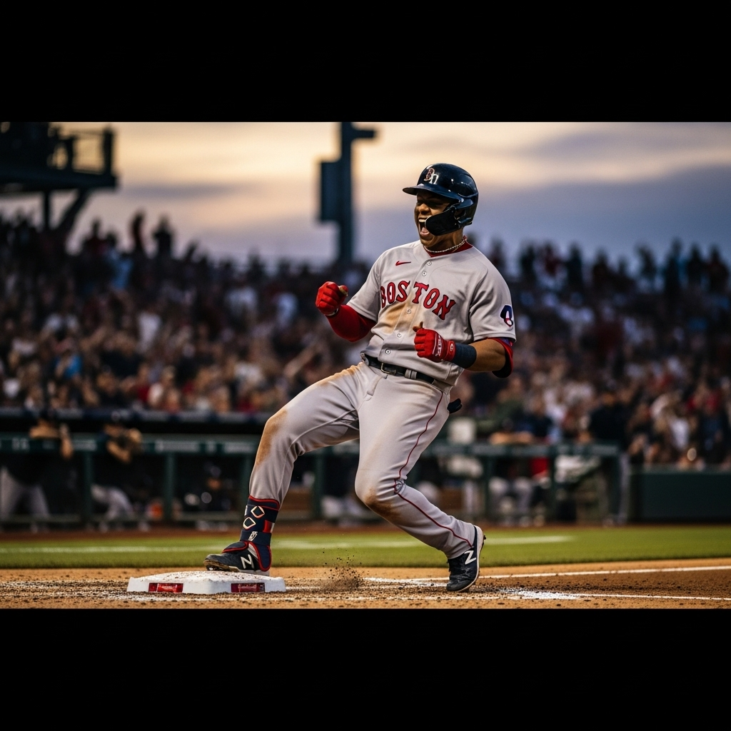 Six-Run Inning Lifts Red Sox Over Astros in 8-5 Win 3 Rafael Devers celebrating at third base after his bases-clearing triple during the six-run inning.