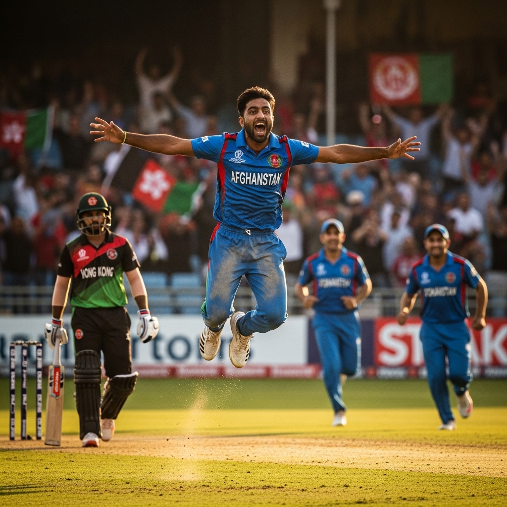 cricket opener: Afghanistan dominate Hong Kong in 2025 4 Rashid Khan celebrates a wicket in the cricket opener against Hong Kong.