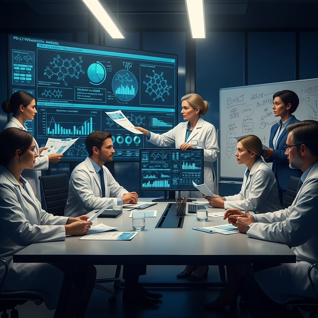 PD-L1xVEGF Bispecific: 1st Global Data from BioNTech/BMS 4 Researchers and scientists from BioNTech and Bristol Myers Squibb discussing the clinical trial data for the pd-l1xvegf bispecific antibody.