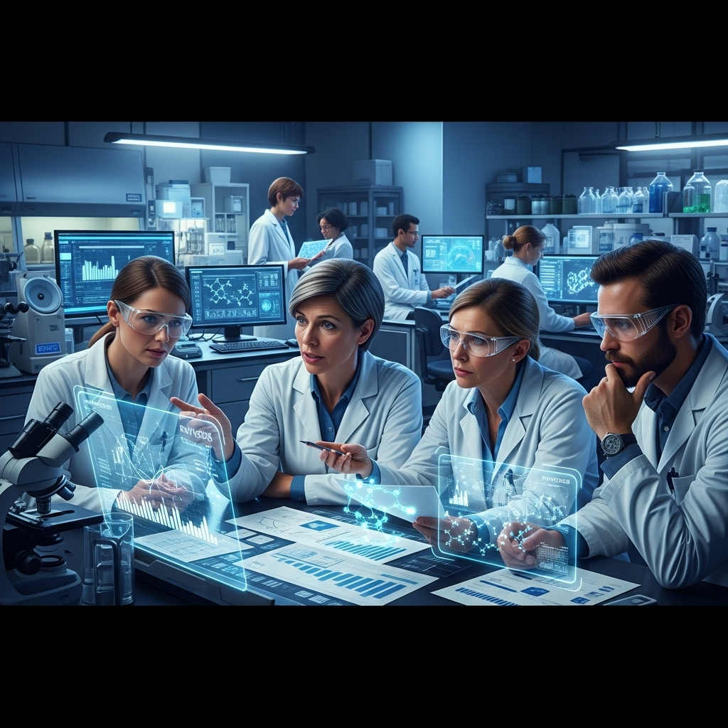 PD-L1xVEGF Drug: 1st Global Data for SCLC from BioNTech 4 Researchers at a BioNTech lab discussing the trial data for the new pd-l1xvegf drug.