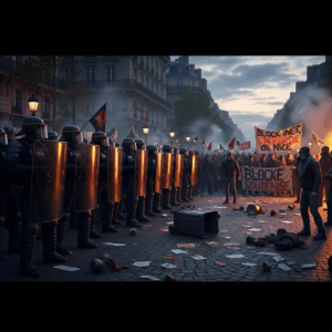 riot police forming a line against demonstrators at the block everything protests in central paris 0
