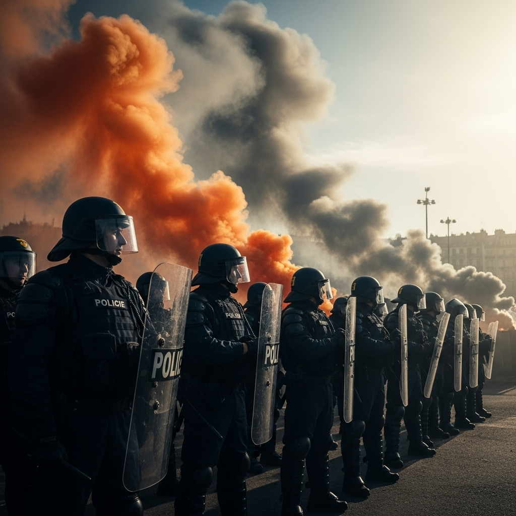 'Block everything' protests: Over 200 arrested in France 4 Riot police standing guard as smoke billows in the background from the 'block everything' protests.