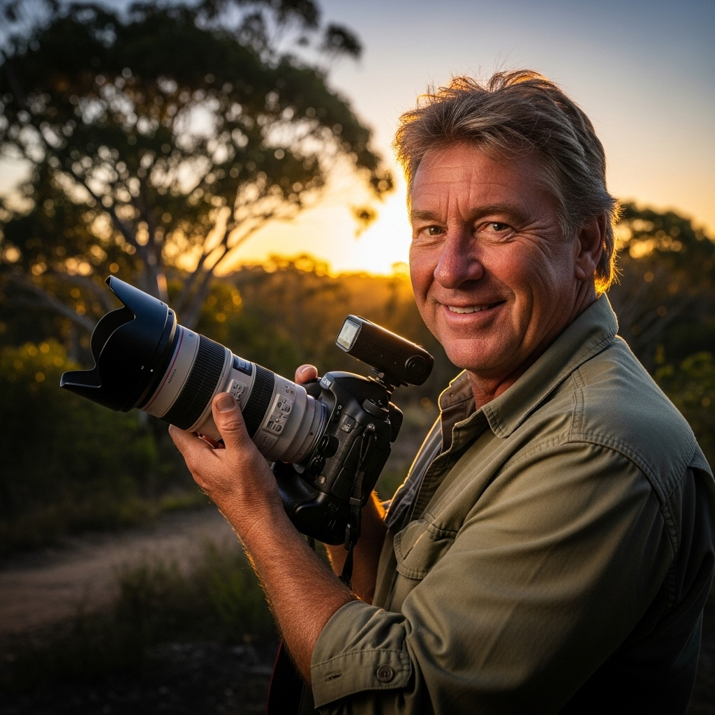 Robert Irwin's 2024 Columbia Sportswear Ambassadorship 2 Robert Irwin smiling while holding a camera in an outdoor setting.
