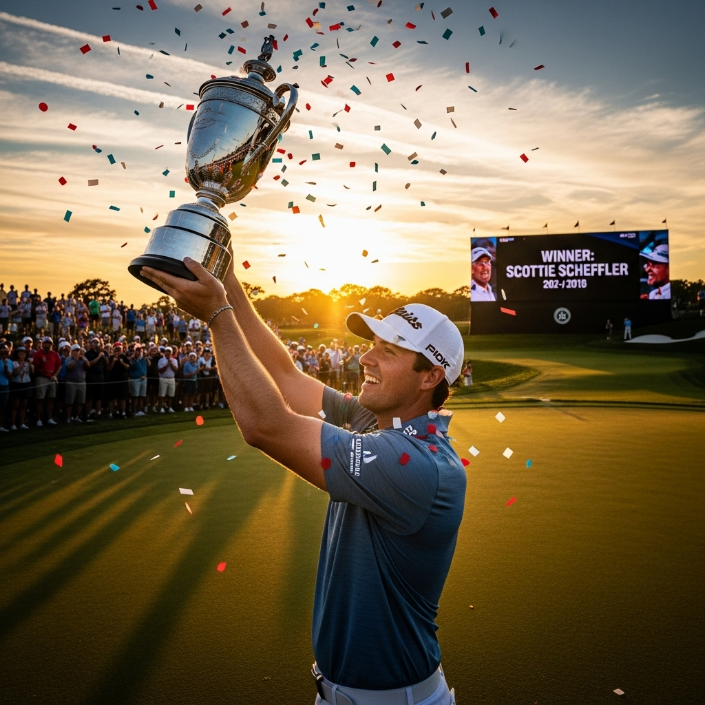 Ryder Cup: Scheffler Bags 1st Win Before Heading to Rome 2 Scottie Scheffler holding a trophy, a timely win before the Ryder Cup.
