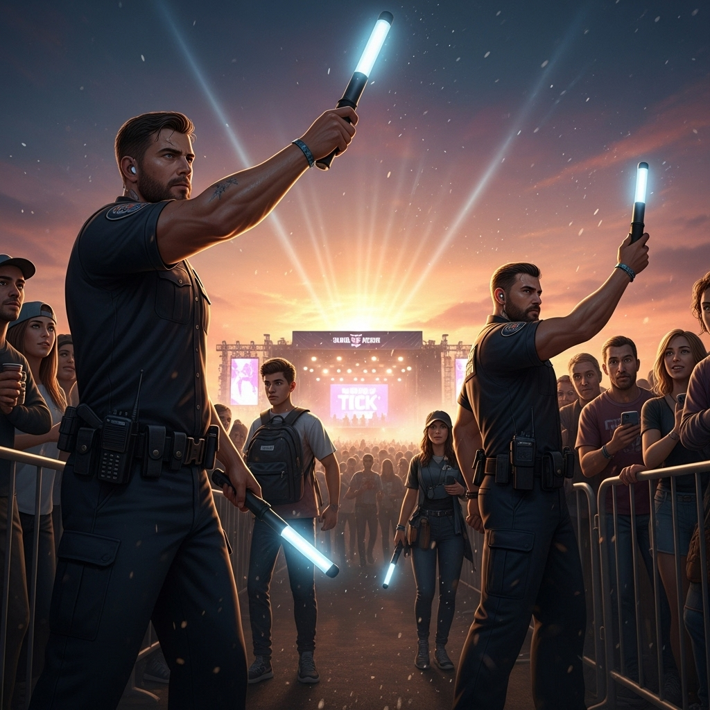 Outdoor Events: 5 Big Challenges in Event Security 4 Security guards using metal detector wands to check attendees at the entrance of a major outdoor events gathering.