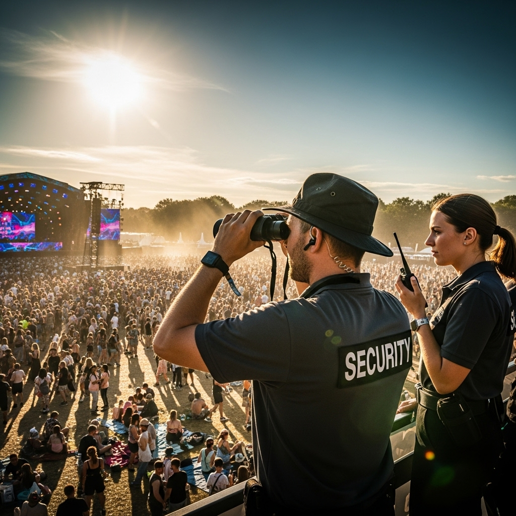 Outdoor Events: 5 Big Challenges in Event Security 2 Security personnel monitoring a large crowd at a sunny outdoor events festival.