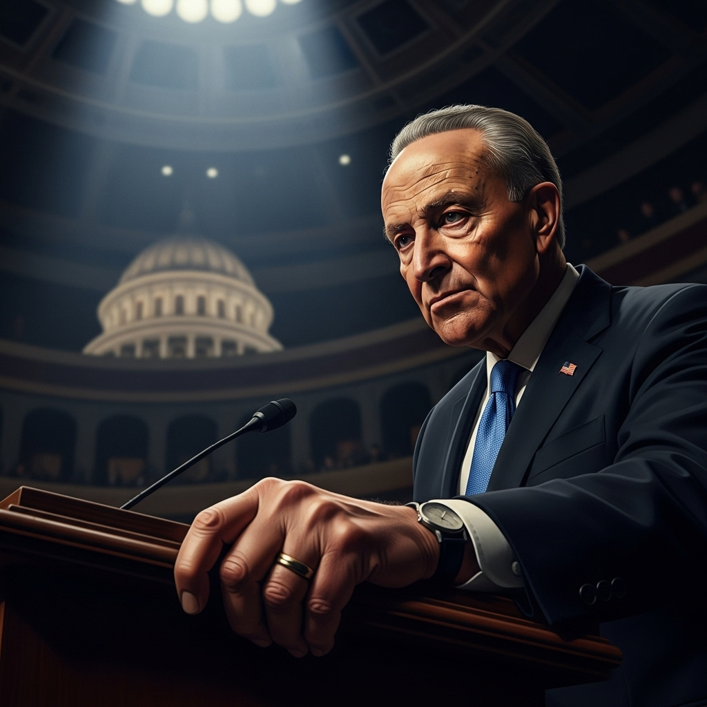 Schumer's Grip on 300+ Nominees Set to Break by GOP Rule 2 Senate Majority Leader Chuck Schumer at a podium, illustrating the concept of Schumer's grip on legislative proceedings.