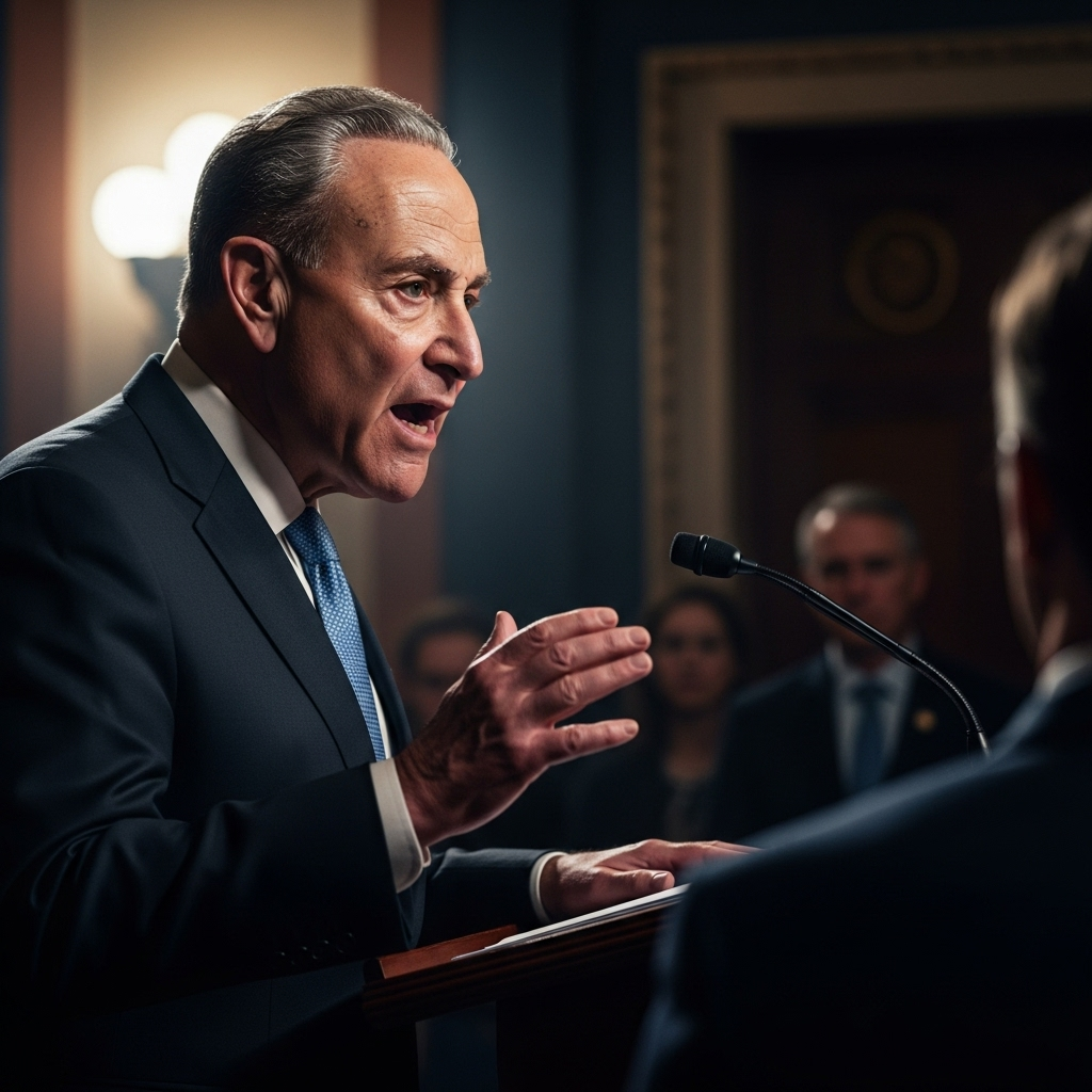 GOP fires back at Schumer's block of 2 nominee deals 3 Senate Majority Leader Chuck Schumer speaking at a podium, defending his decision as the GOP fires back.