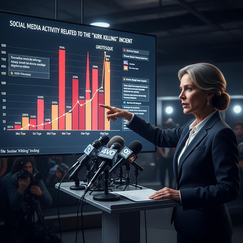 kirk killing 'grotesque': 1 Senator Blames Online Hate 3 Senator Evelyn Reed at a press conference podium, pointing to a chart showing social media activity related to the kirk killing 'grotesque' incident.