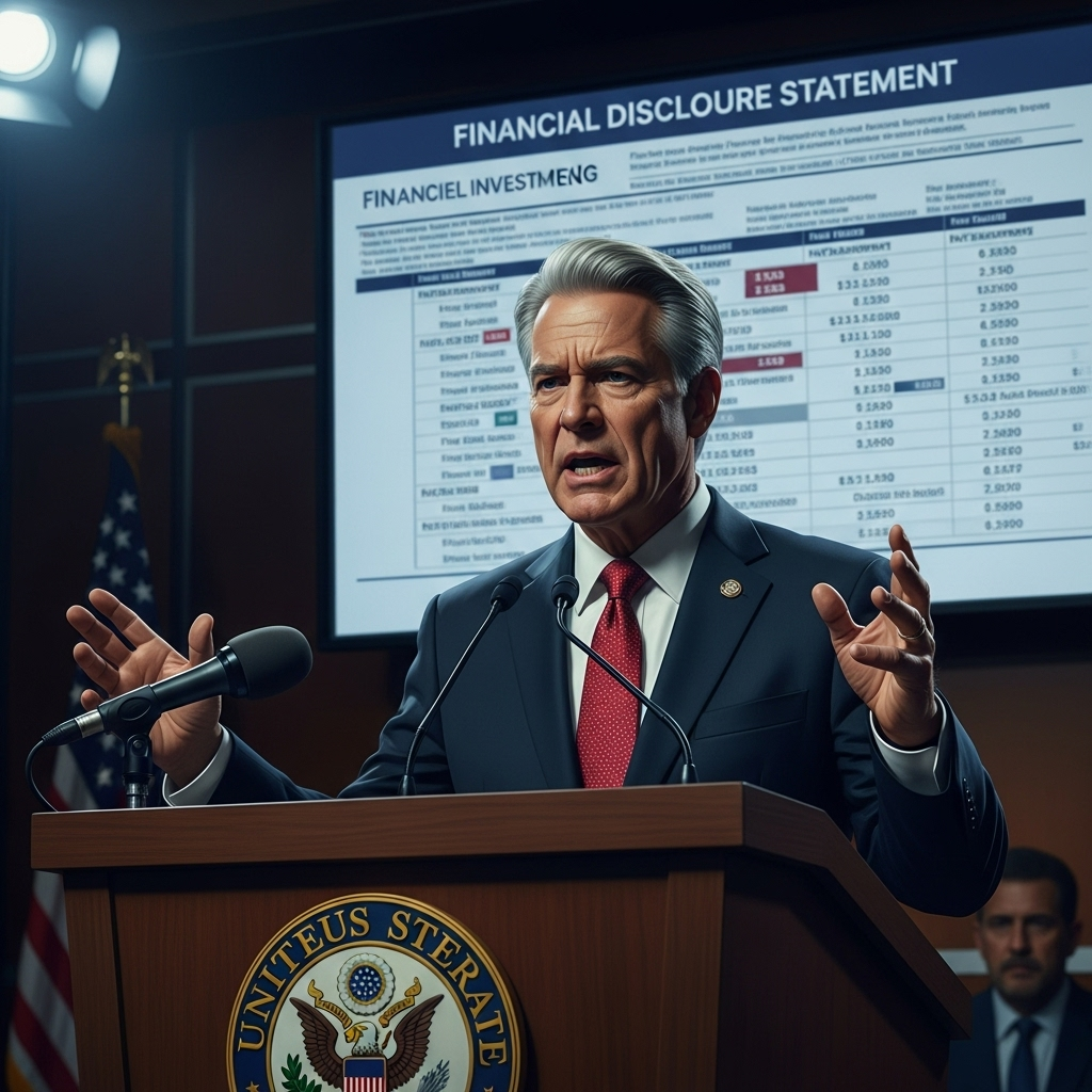 Stock 'Greed': 1 PAC's Claim vs a Senator's Disclosure 3 Senator Marcus Sterling speaking at a podium, with his financial disclosure form visible on a screen, countering claims of stock 'greed'.