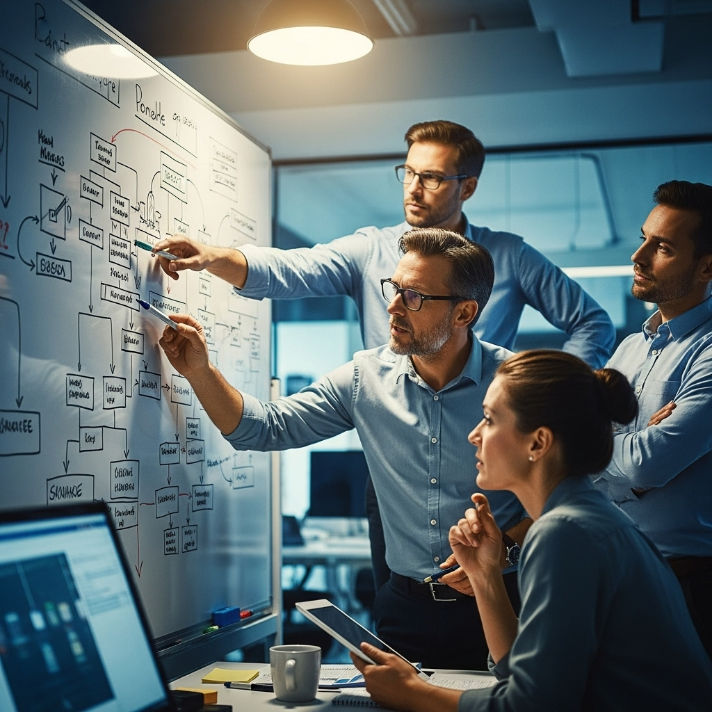 Senior devs: 5 truths about their new AI babysitter role 3 Senior devs collaborating around a whiteboard with complex architectural diagrams, guiding the overall project structure.