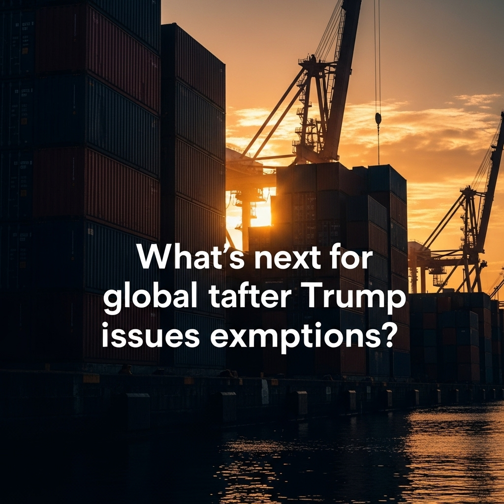 trump issues exemptions to 2 partners amid court battle 4 Shipping containers at a port, with text overlay asking 'What's next for global trade after trump issues exemptions?'