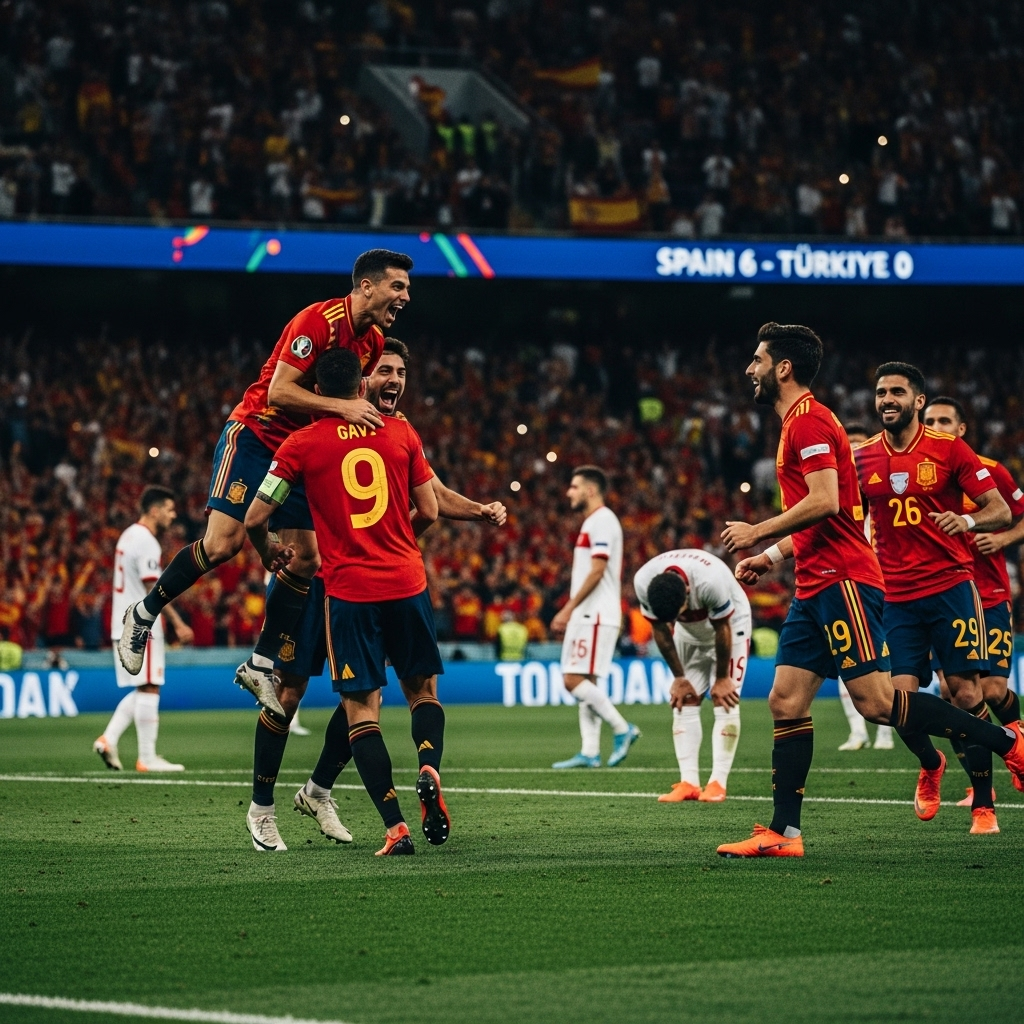6-0 Victory: Spain Demolish Turkiye as Merino Scores 3 2 Spanish players celebrating a goal during their dominant 6-0 victory over Turkiye.