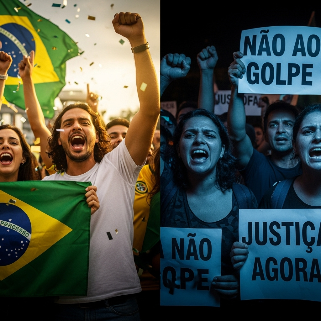 Coup Plot: Bolsonaro Sentenced to 27 Years by Brazil Court 4 Split-screen image showing supporters celebrating and protestors decrying the verdict in the Bolsonaro coup plot trial.